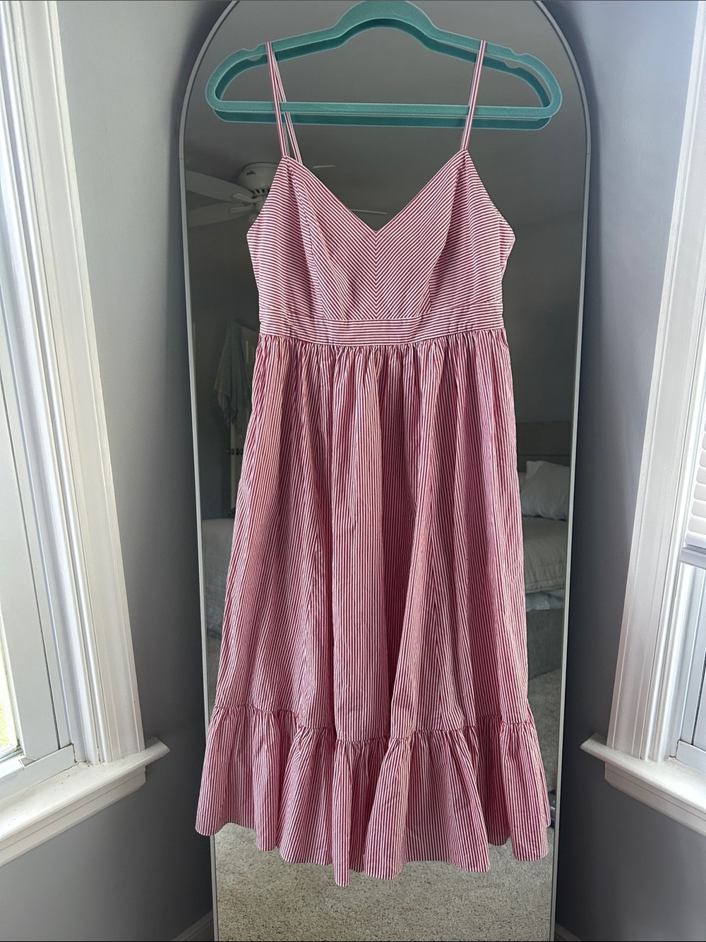 J. Crew Red and White Striped Sundress with Ruffle Hem